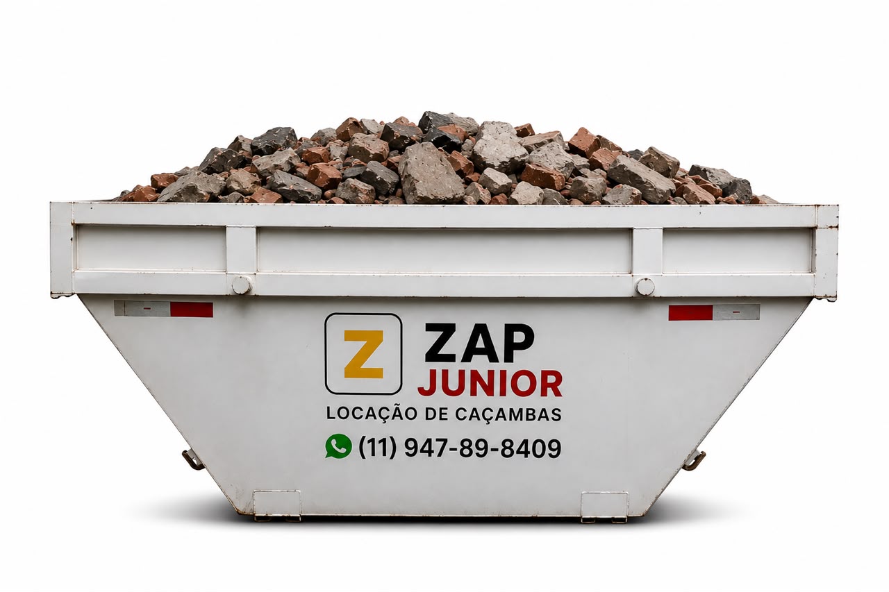 Caçamba branca da Zap Junior para retirada de entulho e descarte diversos